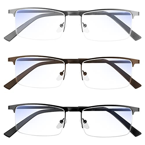 WEIMELTOY 3 Pack Blue Light Blocking Reading Glasses for Men, Stylish Half Frame Metal Computer Readers, Lightweight Spring Hinge Eyeglasses Anti Eyestrain/Glare/UV (Mix Color, Black+Grey+Brown, 1.25)