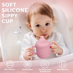 2 Pcs Silicone Sippy Cup Training Cup for Baby 6 Months+ Soft Baby Cup with Straw Spill Proof Sippy Cups for Toddlers with Handles and Spout Lid Easy Grip 5 Oz (Pink Series, Solid Style)