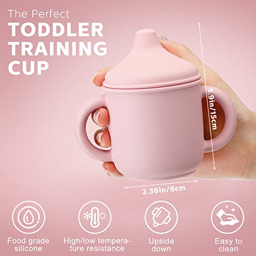 2 Pcs Silicone Sippy Cup Training Cup for Baby 6 Months+ Soft Baby Cup with Straw Spill Proof Sippy Cups for Toddlers with Handles and Spout Lid Easy Grip 5 Oz (Pink Series, Solid Style)