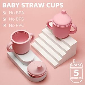 2 Pcs Silicone Sippy Cup Training Cup for Baby 6 Months+ Soft Baby Cup with Straw Spill Proof Sippy Cups for Toddlers with Handles and Spout Lid Easy Grip 5 Oz (Pink Series, Solid Style)