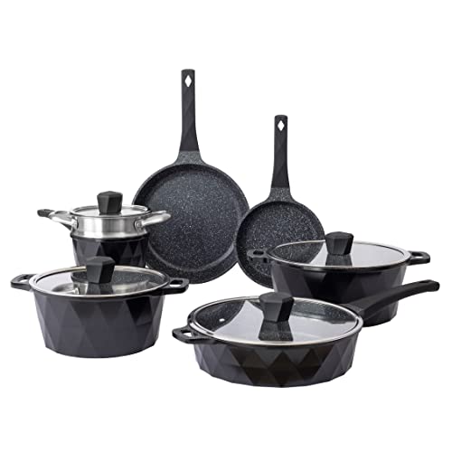 Country Kitchen Nonstick Induction Cookware Sets - 11 Piece Nonstick Cast Aluminum Pots and Pans with BAKELITE Handles - Induction Pots and Pans with Glass Lids (Black)