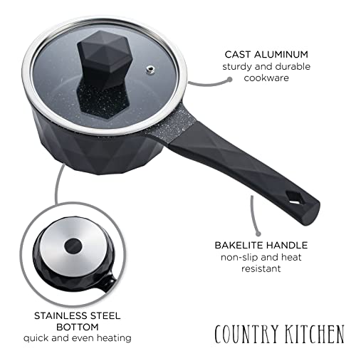 Country Kitchen Nonstick Induction Cookware Sets - 11 Piece Nonstick Cast Aluminum Pots and Pans with BAKELITE Handles - Induction Pots and Pans with Glass Lids (Black)