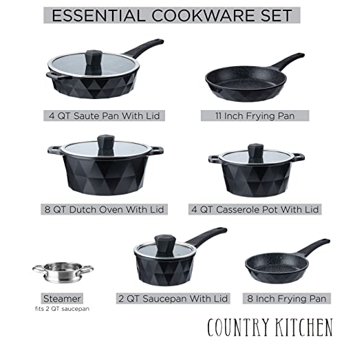 Country Kitchen Nonstick Induction Cookware Sets - 11 Piece Nonstick Cast Aluminum Pots and Pans with BAKELITE Handles - Induction Pots and Pans with Glass Lids (Black)