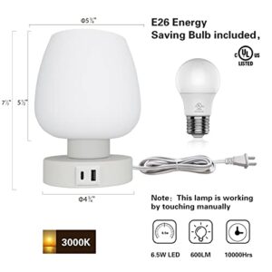 Touch Bedside Table Lamp - Small Lamp for Bedroom with USB C+A Charging Ports 3 Way Dimmable, Nightstand Desk lamp with White Opal Glass Lamp Shade Warm LED Bulb Included, Simple Design Gifts