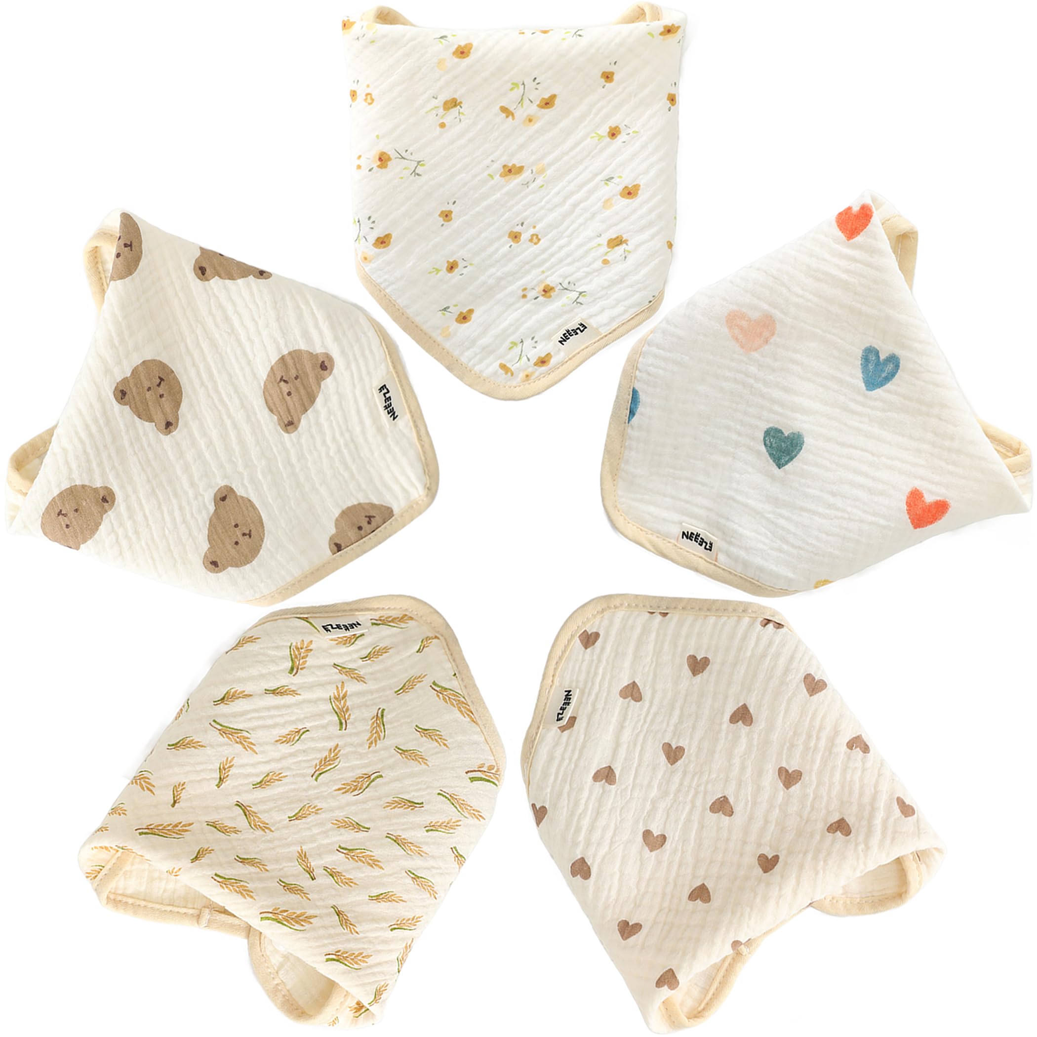 NEEEZE Baby Bandana Bibs - 5Pack - Muslin Baby Bibs - Baby Drool Bibs - Muslin Bandana Bibs - 4Layers Cotton- Bandana Baby Bibs - Baby Boy Sets - Drool Bibs for Baby Girl - Perfect for Baby Registry