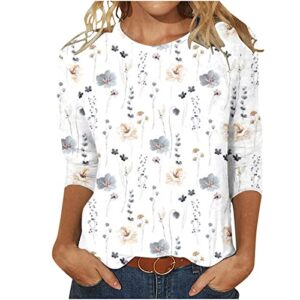 Elegant Floral 3/4 Sleeve Tops Dressy, Womens Summer Floral Crew Neck 3/4 Sleeve Tee Shirts Blouses Dressy, Summer Loose Tunic Shirts Short Sleeve Top Dressy