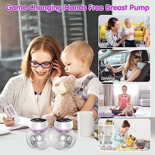 Palmatte Wearable Breast Pump Hands Free Portable & Wireless, Leakproof Painless Electric Breast Pump 3 Modes 9 Levels LED Display Remote & Storage Bag Breastfeeding Essentials, 2 Pack Lavender