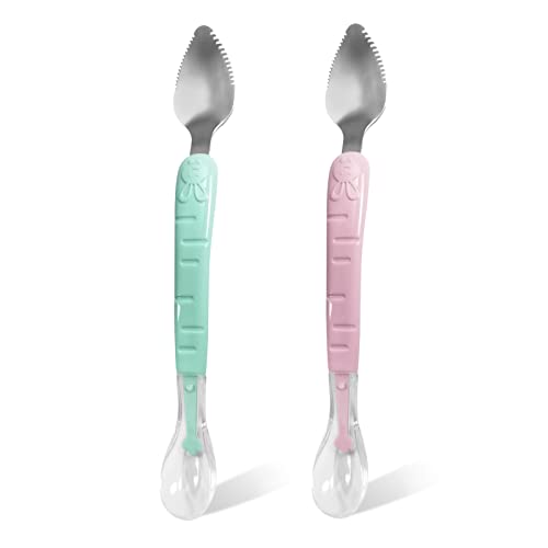 Baby Feeding Spoon, ROPOSY Double-Ended Silicone Baby Spoon, BPA-Free First Upward Self Feeding Baby Utensils for 6 Months+, 1-Pack, 2 Spoons in Cyan/Pink