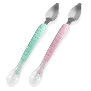 baby feeding spoon, roposy double-ended silicone baby spoon, bpa-free first upward self feeding baby utensils for 6 months+, 1-pack, 2 spoons in cyan/pink