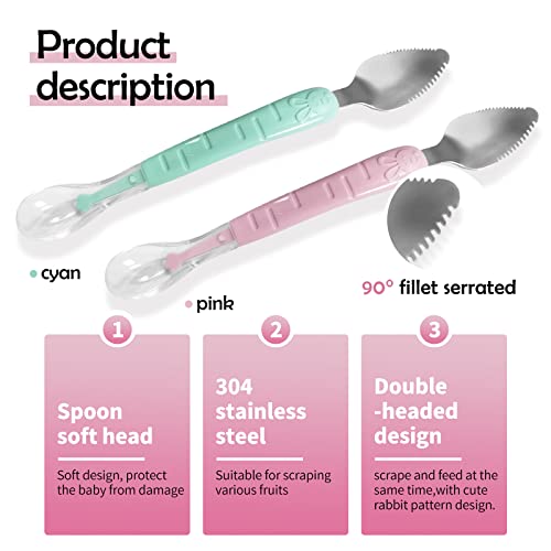 Baby Feeding Spoon, ROPOSY Double-Ended Silicone Baby Spoon, BPA-Free First Upward Self Feeding Baby Utensils for 6 Months+, 1-Pack, 2 Spoons in Cyan/Pink