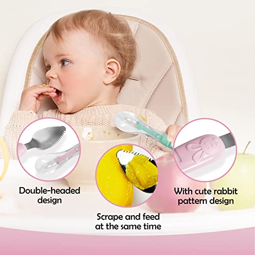 Baby Feeding Spoon, ROPOSY Double-Ended Silicone Baby Spoon, BPA-Free First Upward Self Feeding Baby Utensils for 6 Months+, 1-Pack, 2 Spoons in Cyan/Pink