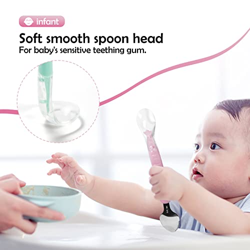 Baby Feeding Spoon, ROPOSY Double-Ended Silicone Baby Spoon, BPA-Free First Upward Self Feeding Baby Utensils for 6 Months+, 1-Pack, 2 Spoons in Cyan/Pink