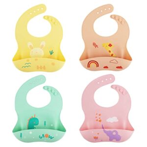 4pcs silicone bibs for babies, large front pocket silicone bib bpa free waterproof baby feeding bibs with food catcher pocket silicone bib for toddlers 6 to 12 months