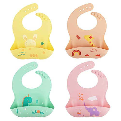 4pcs Silicone Bibs for Babies, Large Front Pocket Silicone Bib BPA Free Waterproof Baby Feeding Bibs with Food Catcher Pocket Silicone Bib for Toddlers 6 to 12 months