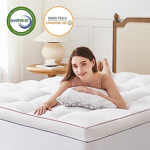 Homemate Memory Foam Mattress Topper Queen, Dual Layer 4 Inch Cooling Mattress Topper, 2 Inch Memory Foam Plus 2 Inch 1800TC Mattress Pad Comfort Support, Pillow Top with 8-21 Inch Deep Pocket, White