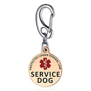 leash king 1.25" double-sided service dog tag with 1.3" solid quick clip– easily attach to collar, harness, vest – entirely surgical stainless steel – pvd rose gold