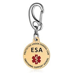 leash king 1.25" double-sided esa dog tag with 1.3" solid quick clip– easily attach to collar, harness, vest – entirely surgical stainless steel – pvd gold