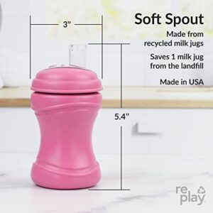 Re Play 2pk 8oz Transition Sippy Cups for Baby Toddler, Medical Grade Silicone Soft Spout & Travel Lid, Easy to Hold Hourglass Shape, Made in USA from BPA Free Recycled Milk Jugs, Bright Pink/Ice Pink