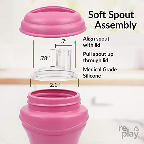 Re Play 2pk 8oz Transition Sippy Cups for Baby Toddler, Medical Grade Silicone Soft Spout & Travel Lid, Easy to Hold Hourglass Shape, Made in USA from BPA Free Recycled Milk Jugs, Bright Pink/Ice Pink