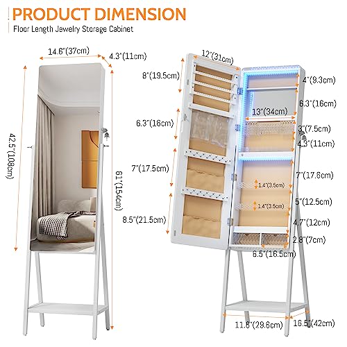 LVSOMT LED Jewelry Mirror Cabinet Armoire, Free Standing Full-Length Mirror with Jewelry Storage, Lockable Jewelry Storage Organizer, w/ 2 Drawers, Bottom Shelf, Built-in Lighted Makeup Mirror, White