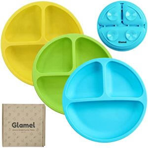 glamel baby plates - toddler plates with suction, divided suction plates for baby for toddlers, 100% silicone, microwave & dishwasher safe | 3 pack - silicone plates for baby