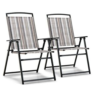 tangkula patio folding chairs set of 2, portable sling lawn chairs with metal frame, footpads, 330 lbs load capacity, outdoor patio dining chairs for porch patio garden backyard, no assembly
