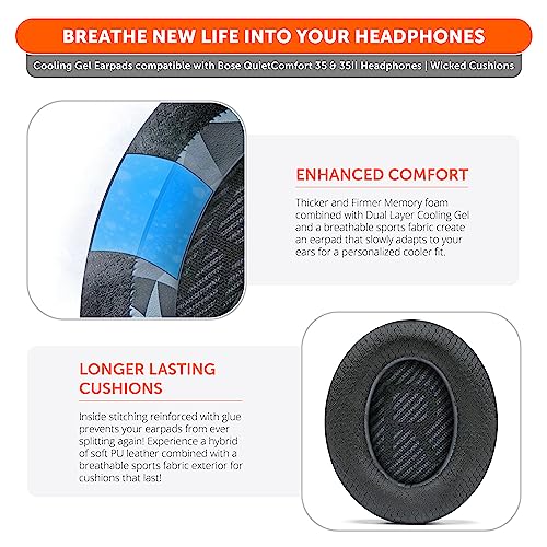 WC Freeze QC35 - Cooling Gel Ear Pads for Bose QC35 & QC35ii (QuietComfort 35) Headphones & More | Breathable Sports Fabric, Cooling Gel, Extra Thick & Cooler for Longer | Geo Grey