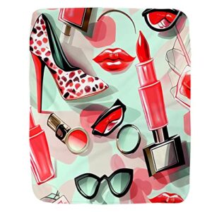 high heel lipstick perfume makeup girls throw blanket fashion soft and comfortable fleece flannel big blanket for bedding office sofa and chair decor gift (50 x 60 inches)