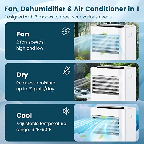 PETSITE 10000 BTU Portable Air Conditioner, 3-in-1 Room AC Unit with Remote Control, Dehumidifier, 24H Timer, Window Kit, Personal Stand up AC for Home, Apartment, Cools up to 350 Sq.Ft