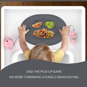 Silicone Suction Toddler Plates - Baby Plate Placemat for First Foods,Self-Feeding Plate for Kids + 3 Divided + 2 Tethers - Dishwasher Safe (Grey)