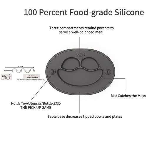 Silicone Suction Toddler Plates - Baby Plate Placemat for First Foods,Self-Feeding Plate for Kids + 3 Divided + 2 Tethers - Dishwasher Safe (Grey)