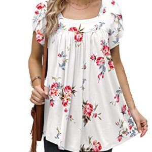 DUSDIMON Women's 2023 Summer Tunic Tops Petal Short Sleeve Square Neck Loose Flowy Pleated Shirts(Flower White, XL)