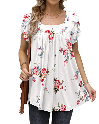 DUSDIMON Women's 2023 Summer Tunic Tops Petal Short Sleeve Square Neck Loose Flowy Pleated Shirts(Flower White, XL)