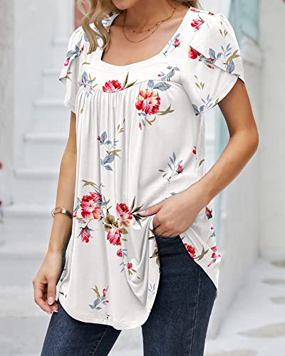 DUSDIMON Women's 2023 Summer Tunic Tops Petal Short Sleeve Square Neck Loose Flowy Pleated Shirts(Flower White, XL)