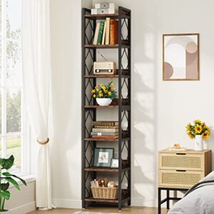 tribesigns 78.7 inch extra tall narrow bookshelf, 7 tier skinny bookcase for small spaces, freestanding display shelves, multifunctional corner storage organizer for home office, rustic brown