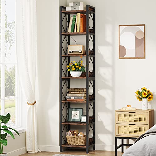 Tribesigns 78.7 Inch Extra Tall Narrow Bookshelf, 7 Tier Skinny Bookcase for Small Spaces, Freestanding Display Shelves, Multifunctional Corner Storage Organizer for Home Office, Rustic Brown