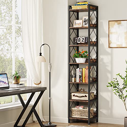 Tribesigns 78.7 Inch Extra Tall Narrow Bookshelf, 7 Tier Skinny Bookcase for Small Spaces, Freestanding Display Shelves, Multifunctional Corner Storage Organizer for Home Office, Rustic Brown