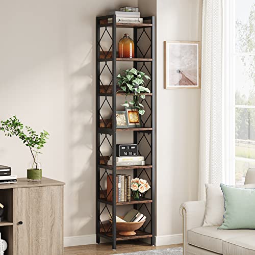 Tribesigns 78.7 Inch Extra Tall Narrow Bookshelf, 7 Tier Skinny Bookcase for Small Spaces, Freestanding Display Shelves, Multifunctional Corner Storage Organizer for Home Office, Rustic Brown