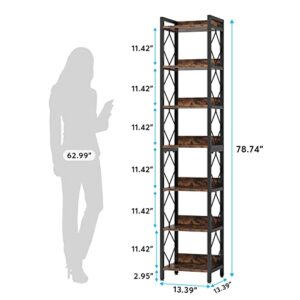 Tribesigns 78.7 Inch Extra Tall Narrow Bookshelf, 7 Tier Skinny Bookcase for Small Spaces, Freestanding Display Shelves, Multifunctional Corner Storage Organizer for Home Office, Rustic Brown