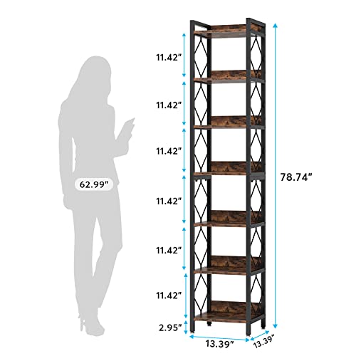 Tribesigns 78.7 Inch Extra Tall Narrow Bookshelf, 7 Tier Skinny Bookcase for Small Spaces, Freestanding Display Shelves, Multifunctional Corner Storage Organizer for Home Office, Rustic Brown