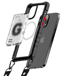 goospery z bumper case with strap and magnetic card holder with magsafe shock absorbing dual layer structure tpu edge crystal clear pc cover with shoulder strap, clear