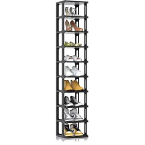 10 tier vertical skinny shoe rack - space saving corner shoe tower, plastic tall thin shoes storage organizer for entryway and closet, free standing shoe shelf in black, modular set no-tool assembly