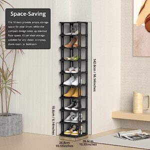 10 Tier Vertical Skinny Shoe Rack - Space Saving Corner Shoe Tower, Plastic Tall Thin Shoes Storage Organizer for Entryway and Closet, Free Standing Shoe Shelf in Black, Modular Set No-Tool Assembly