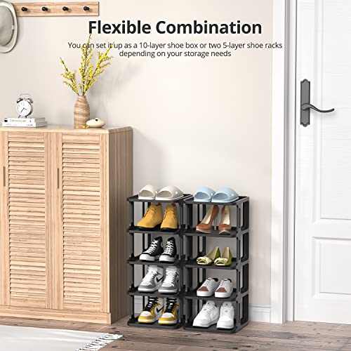 10 Tier Vertical Skinny Shoe Rack - Space Saving Corner Shoe Tower, Plastic Tall Thin Shoes Storage Organizer for Entryway and Closet, Free Standing Shoe Shelf in Black, Modular Set No-Tool Assembly