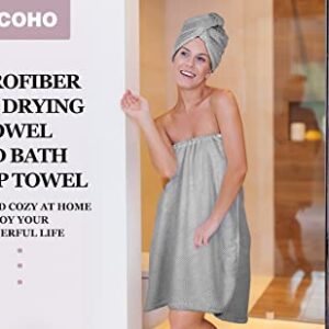 TOCOHO Women Microfiber Bath Wrap Towel and Hair Drying Towel - Adjustable Soft Body Wraps Dress with Hair Towel, Super Absorbent to Quick Drying Hair and Body (Grey)