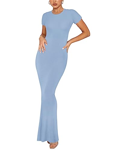 REORIA Women's Summer Sexy Casual Lounge Long Dress Elegant Wedding Guest Short Sleeve Crew Neck Bodycon Maxi Dresses Blue Small