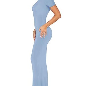 REORIA Women's Summer Sexy Casual Lounge Long Dress Elegant Wedding Guest Short Sleeve Crew Neck Bodycon Maxi Dresses Blue Small