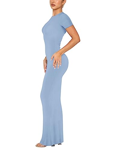 REORIA Women's Summer Sexy Casual Lounge Long Dress Elegant Wedding Guest Short Sleeve Crew Neck Bodycon Maxi Dresses Blue Small