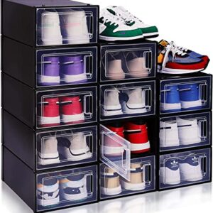 FINESSY Shoe Storage Shoe Organizer Cabinet, 12 Pack Medium Shoe Rack Closet Organizer and Storage Bins, Black Shoe Container Stackable Shoe Boxes Clear Plastic Stackable Shoe Holder