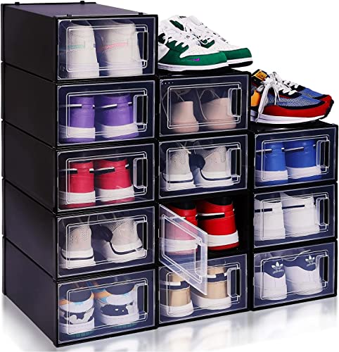 FINESSY Shoe Storage Shoe Organizer Cabinet, 12 Pack Medium Shoe Rack Closet Organizer and Storage Bins, Black Shoe Container Stackable Shoe Boxes Clear Plastic Stackable Shoe Holder